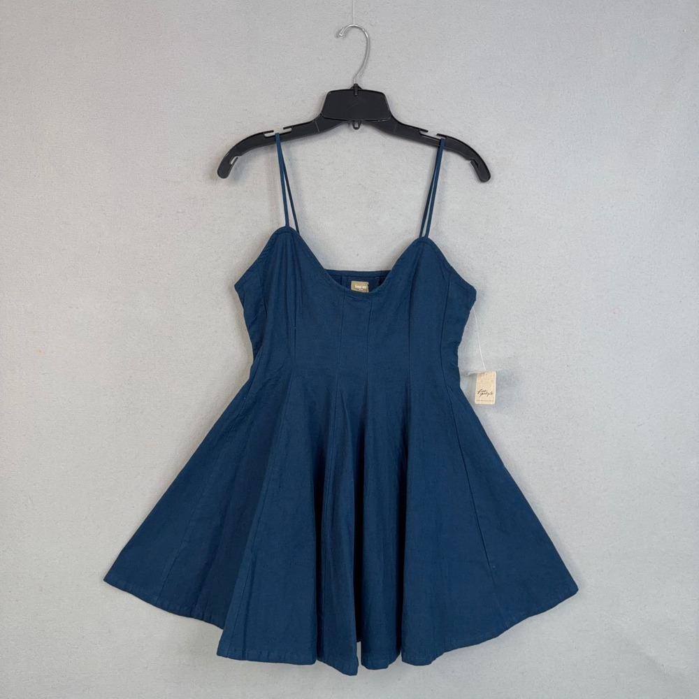 Free People Mini Dress Womens Medium Navy Blue Fit & Flare Stretch Linen Freeest